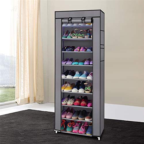 Shoes Rack with Cover, 10 Tier Shoes Organizer, Sneaker Rack with Dustproof Nonwoven Fabric Cover, Portable Shoe Rack Organizer , Fabric Shoes Rack Holds 27 Pairs, shoe storage cover (Grey)