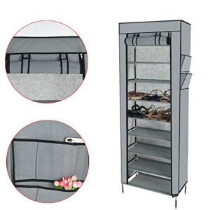 Shoes Rack with Cover, 10 Tier Shoes Organizer, Sneaker Rack with Dustproof Nonwoven Fabric Cover, Portable Shoe Rack Organizer , Fabric Shoes Rack Holds 27 Pairs, shoe storage cover (Grey)