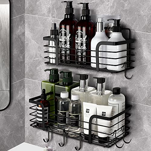 Gulex 2 Pack Adhesive Shower Caddy Shower Shelves with Hooks, No Drilling Stainless Steel Shower Shelf Bathroom Organizer