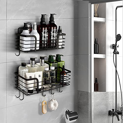 Gulex 2 Pack Adhesive Shower Caddy Shower Shelves with Hooks, No Drilling Stainless Steel Shower Shelf Bathroom Organizer