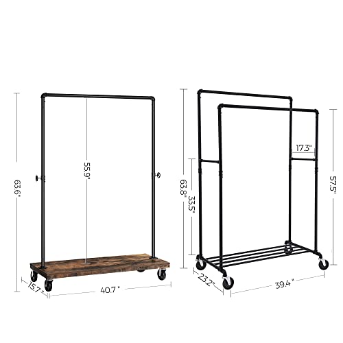 SONGMICS Heavy Duty Clothes Rack and Industrial Clothing Rack Bundle, Pipe Style Garment Racks on Wheels, Heavy Duty Racks with Shelves, Rustic Brown and Black UHSR60B and UHSR65BX