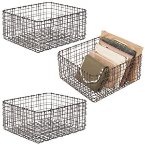 mdesign farmhouse decor metal wire storage basket bin for storage & organizing closets, shelves, and cabinets in bedrooms - holds shirts, purses, leggings, scarfs, hats - 12" x 12" - 3 pack - bronze