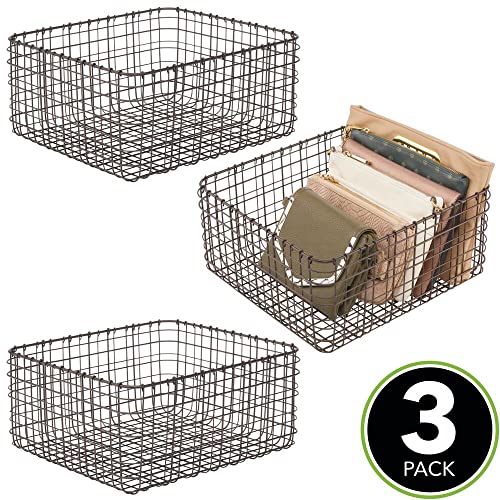 mDesign Farmhouse Decor Metal Wire Storage Basket Bin for Storage & Organizing Closets, Shelves, and Cabinets in Bedrooms - Holds Shirts, Purses, Leggings, Scarfs, Hats - 12" x 12" - 3 Pack - Bronze