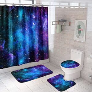 universe outer space theme 4 pcs toilet lid cover bath mat, starry galaxy shower curtain set with rugs, flower shower curtain with 12 hooks, shower curtain for bathroom (starry sky)