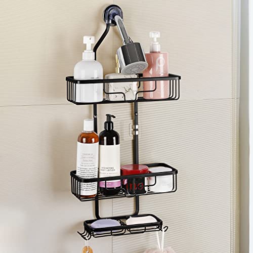 smusei Shower Caddy Over Shower Head Aluminum Shower Organizer Hanging Bathroom Shower Shelves for Inside Shower 3 Tier Shower Racks with Hooks and Shampoo Soap Razor Holder - Black