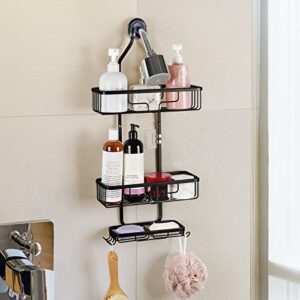 smusei Shower Caddy Over Shower Head Aluminum Shower Organizer Hanging Bathroom Shower Shelves for Inside Shower 3 Tier Shower Racks with Hooks and Shampoo Soap Razor Holder - Black