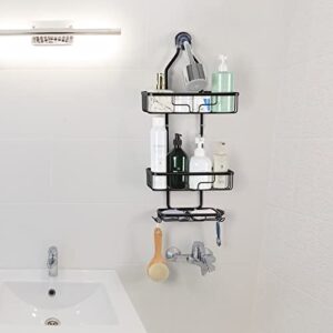 smusei Shower Caddy Over Shower Head Aluminum Shower Organizer Hanging Bathroom Shower Shelves for Inside Shower 3 Tier Shower Racks with Hooks and Shampoo Soap Razor Holder - Black