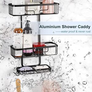 smusei Shower Caddy Over Shower Head Aluminum Shower Organizer Hanging Bathroom Shower Shelves for Inside Shower 3 Tier Shower Racks with Hooks and Shampoo Soap Razor Holder - Black