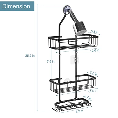 smusei Shower Caddy Over Shower Head Aluminum Shower Organizer Hanging Bathroom Shower Shelves for Inside Shower 3 Tier Shower Racks with Hooks and Shampoo Soap Razor Holder - Black