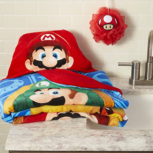 Franco Super Mario Kids Bath/Pool/Beach Soft Cotton Terry Hooded Towel Wrap and loofah Set, 24 in x 50 in (Official Nickelodeon Product)