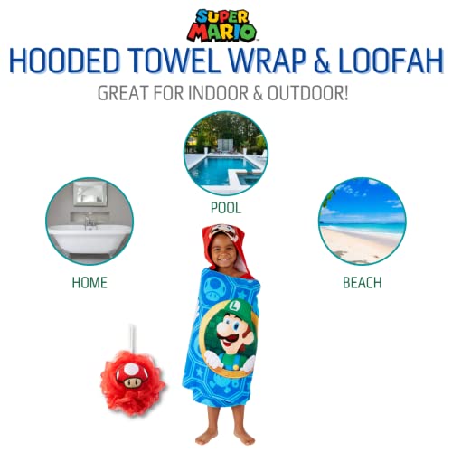 Franco Super Mario Kids Bath/Pool/Beach Soft Cotton Terry Hooded Towel Wrap and loofah Set, 24 in x 50 in (Official Nickelodeon Product)