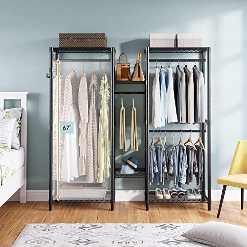 coucheta Clothes Rack Heavy Duty Garment Rack Portable Wardrobe Closet with Adjustable Shelves, Hanging Rods, Side Hooks for Hanging Clothes, Freestanding & L-shaped Closet (1 inch Diameter, Black)