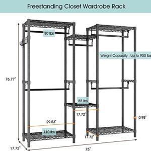 coucheta Clothes Rack Heavy Duty Garment Rack Portable Wardrobe Closet with Adjustable Shelves, Hanging Rods, Side Hooks for Hanging Clothes, Freestanding & L-shaped Closet (1 inch Diameter, Black)