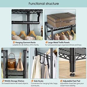 coucheta Clothes Rack Heavy Duty Garment Rack Portable Wardrobe Closet with Adjustable Shelves, Hanging Rods, Side Hooks for Hanging Clothes, Freestanding & L-shaped Closet (1 inch Diameter, Black)