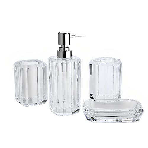 Holyfire Bathroom Accessory Set, 4-Piece Decorative Clear Acrylic Bathroom Decor Accessories Set, Soap Dispenser, Soap Dish, Toothbrush Holder, Toothbrush Cup, Clear