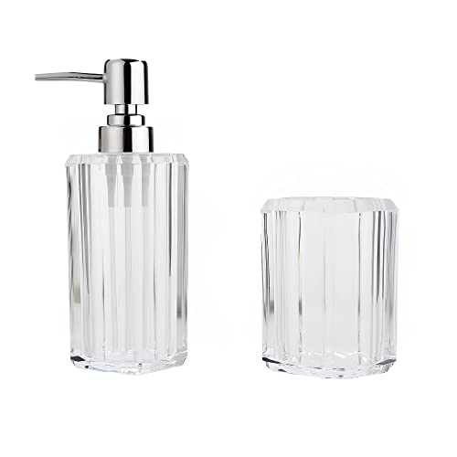 Holyfire Bathroom Accessory Set, 4-Piece Decorative Clear Acrylic Bathroom Decor Accessories Set, Soap Dispenser, Soap Dish, Toothbrush Holder, Toothbrush Cup, Clear