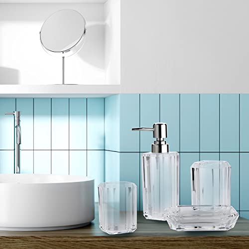 Holyfire Bathroom Accessory Set, 4-Piece Decorative Clear Acrylic Bathroom Decor Accessories Set, Soap Dispenser, Soap Dish, Toothbrush Holder, Toothbrush Cup, Clear