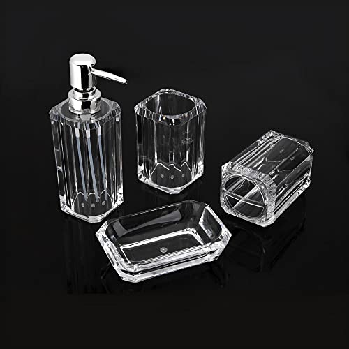 Holyfire Bathroom Accessory Set, 4-Piece Decorative Clear Acrylic Bathroom Decor Accessories Set, Soap Dispenser, Soap Dish, Toothbrush Holder, Toothbrush Cup, Clear