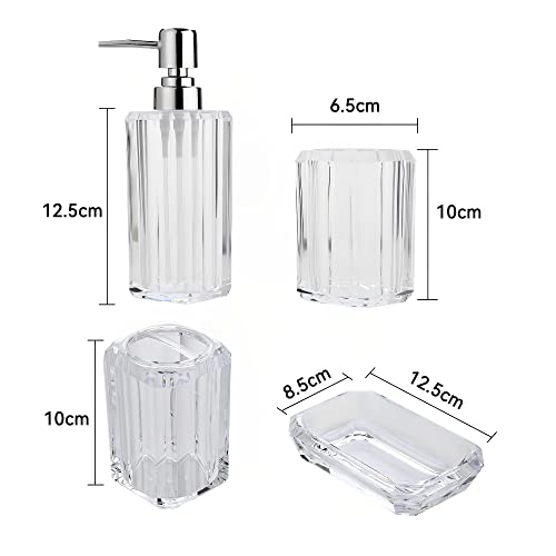 Holyfire Bathroom Accessory Set, 4-Piece Decorative Clear Acrylic Bathroom Decor Accessories Set, Soap Dispenser, Soap Dish, Toothbrush Holder, Toothbrush Cup, Clear