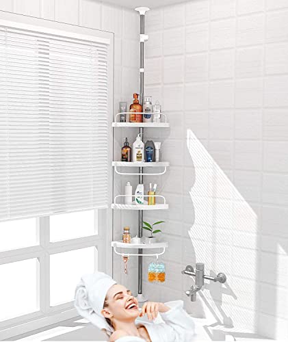 Elenens 4-Layer Retractable Bathroom Corner Tension Shower Caddy with Stainless Steel Pole, Ivory White