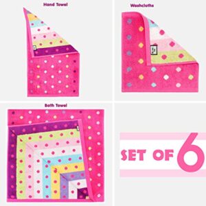 ORIGINAL KIDS 6 Piece Towel Set - Bath Time Sugar & Spice - 2 Bath Towels, 2 Hand Towels, 2 Washcloths in Bonus Tote Bag - 100% Cotton Jacquard Soft Absorbent Pool Beach Towel Gift - Pink Multicolor