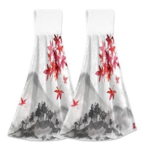 2 pack fall red maple leaves hanging kitchen towel with loop ink japanese mountains hand towels soft microfiber coral velvet dish towel for bathroom washcloth absorbent tie towel …
