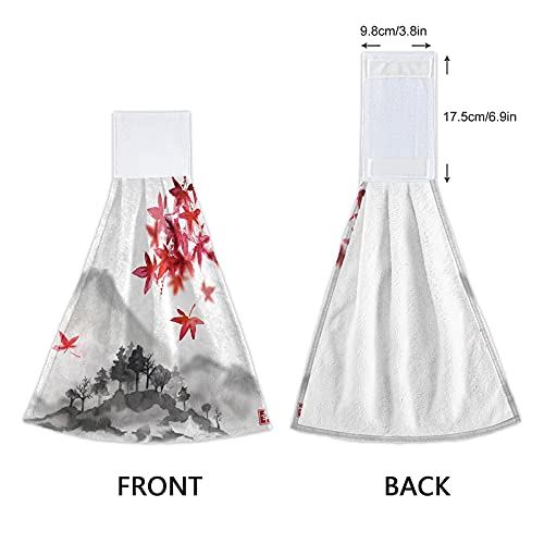 2 Pack Fall Red Maple Leaves Hanging Kitchen Towel with Loop Ink Japanese Mountains Hand Towels Soft Microfiber Coral Velvet Dish Towel for Bathroom Washcloth Absorbent Tie Towel …