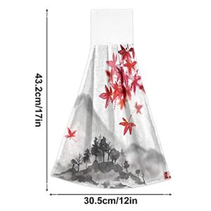 2 Pack Fall Red Maple Leaves Hanging Kitchen Towel with Loop Ink Japanese Mountains Hand Towels Soft Microfiber Coral Velvet Dish Towel for Bathroom Washcloth Absorbent Tie Towel …