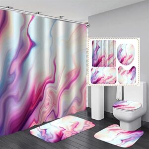 DDQQ 4Pcs Marble Shower Curtain Sets with Rugs Purple Bathroom Sets Marble Decor Bathroom Curtains Shower Set Toilet Lid Cover and Bath Mat, Marble Shower Curtain with 12 Hooks