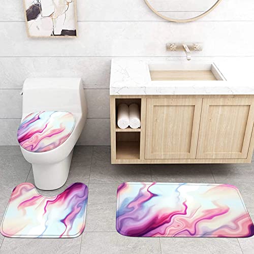 DDQQ 4Pcs Marble Shower Curtain Sets with Rugs Purple Bathroom Sets Marble Decor Bathroom Curtains Shower Set Toilet Lid Cover and Bath Mat, Marble Shower Curtain with 12 Hooks