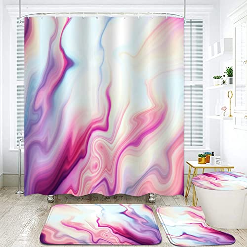 DDQQ 4Pcs Marble Shower Curtain Sets with Rugs Purple Bathroom Sets Marble Decor Bathroom Curtains Shower Set Toilet Lid Cover and Bath Mat, Marble Shower Curtain with 12 Hooks