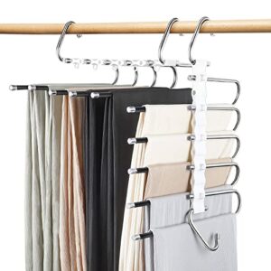 DEMKICO Pants Hangers Space Saving, 2 Pack Anti-Slip Design Stainless Steel Multifunctional Clothes Pants Hangers, Closet Organizers and Storage for Pants Jeans Scarf Skirts Trousers