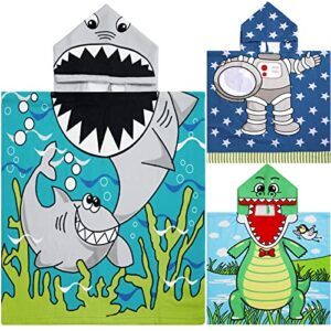 3 Pack Kids Hooded Towel 47 x 24 Inch Baby Beach Bath Towel for Girls Boys Thicker Toddler Swim Towels Ponchos with Hood Cotton Pool Bath Towels Poncho for 1-7 Years (Shark, Astronaut)