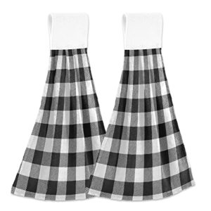 xigua black and white buffalo plaid hanging kitchen hand towels set of 2, absorbent soft dish towel with loop coral fleece dish cloth tie towels for bathroom kitchen home decor