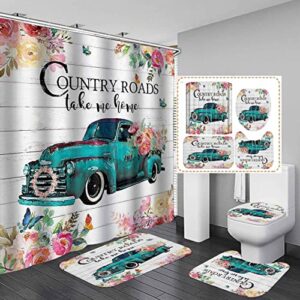 Dia Magico 4PCS Vintage Teal Farm Truck Shower Curtain Set, Pink Peony Floral Eucalyptus Leaves Butterfly Pickup Truck Rustic Farmhouse Bathroom Decor, Non-Slip Bath Mat, Country Roads Take Me Home