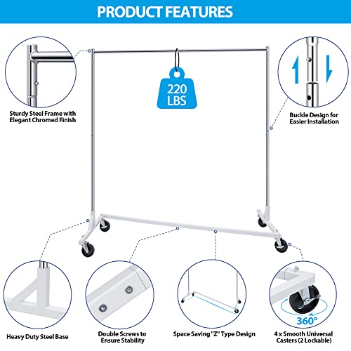 ZenStyle Clothes Rack Z Base Clothing Garment Rack on Wheels Commercial Heavy Duty Rolling Clothing Coat Rack Holder, Holds up to 220 lbs