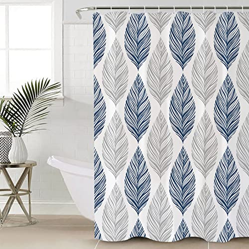 4 Pcs Shower Curtain Set with 12 Hooks Grey and Navy Blue Olive Leaf Texture Watercolor Hand Drawn Bathroom Sets with Non-Slip Bath Mat Toilet Lid Cover Waterproof Durable Shower Curtain and Rugs