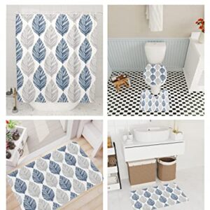 4 Pcs Shower Curtain Set with 12 Hooks Grey and Navy Blue Olive Leaf Texture Watercolor Hand Drawn Bathroom Sets with Non-Slip Bath Mat Toilet Lid Cover Waterproof Durable Shower Curtain and Rugs