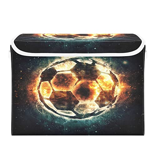 Krafig Burning Soccer Ball Foldable Storage Box Large Cube Organizer Bins Containers Baskets with Lids Handles for Closet Organization, Shelves, Clothes, Toys