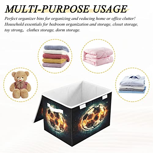 Krafig Burning Soccer Ball Foldable Storage Box Large Cube Organizer Bins Containers Baskets with Lids Handles for Closet Organization, Shelves, Clothes, Toys