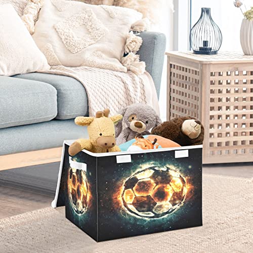 Krafig Burning Soccer Ball Foldable Storage Box Large Cube Organizer Bins Containers Baskets with Lids Handles for Closet Organization, Shelves, Clothes, Toys