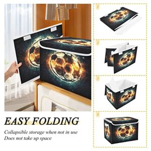 Krafig Burning Soccer Ball Foldable Storage Box Large Cube Organizer Bins Containers Baskets with Lids Handles for Closet Organization, Shelves, Clothes, Toys