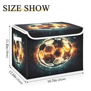 Krafig Burning Soccer Ball Foldable Storage Box Large Cube Organizer Bins Containers Baskets with Lids Handles for Closet Organization, Shelves, Clothes, Toys