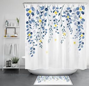 ecotob leaves floral shower curtain set blue eucalyptus leaves and yellow flowers bath mat and shower curtain watercolor plant bathroom decor accessories, 72x72 inches