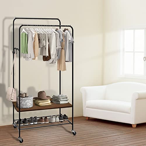 Garment Rack Clothes Racks for Hanging Clothes, Portable Rolling Clothes Hanger Rack, Freestanding Clothes Rack, Multi-functional Double Rod Clothing Racks on Wheels for Bedroom, Dressing Room