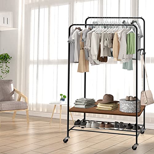 Garment Rack Clothes Racks for Hanging Clothes, Portable Rolling Clothes Hanger Rack, Freestanding Clothes Rack, Multi-functional Double Rod Clothing Racks on Wheels for Bedroom, Dressing Room