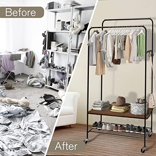 Garment Rack Clothes Racks for Hanging Clothes, Portable Rolling Clothes Hanger Rack, Freestanding Clothes Rack, Multi-functional Double Rod Clothing Racks on Wheels for Bedroom, Dressing Room