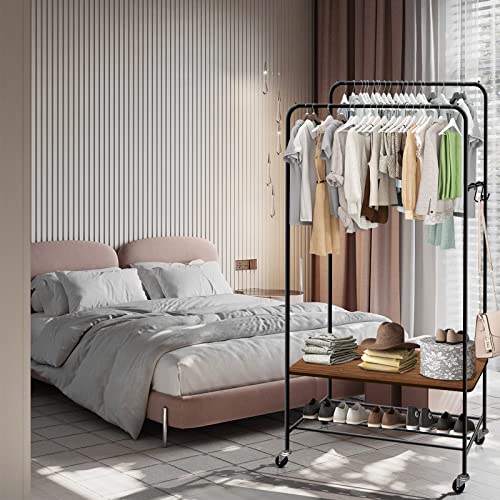 Garment Rack Clothes Racks for Hanging Clothes, Portable Rolling Clothes Hanger Rack, Freestanding Clothes Rack, Multi-functional Double Rod Clothing Racks on Wheels for Bedroom, Dressing Room