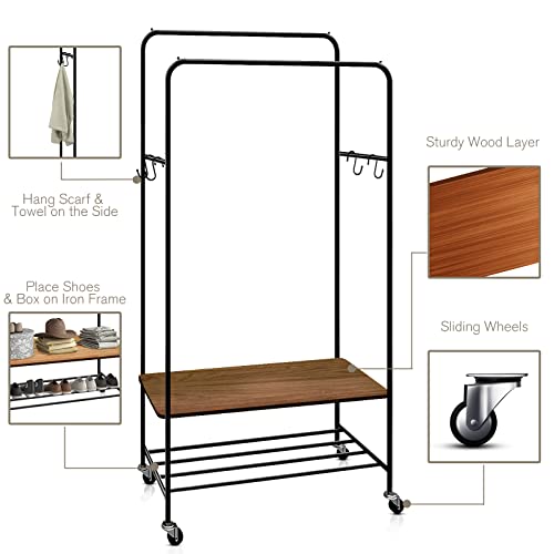 Garment Rack Clothes Racks for Hanging Clothes, Portable Rolling Clothes Hanger Rack, Freestanding Clothes Rack, Multi-functional Double Rod Clothing Racks on Wheels for Bedroom, Dressing Room