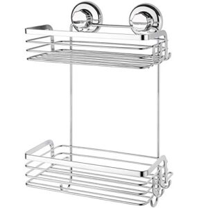 hasko accessories suction cup shower caddy, bath shelf with hooks, 2 tier wall mounted basket for bathroom and kitchen storage, adhesive 3m stick discs included (polished stainless steel ss304)